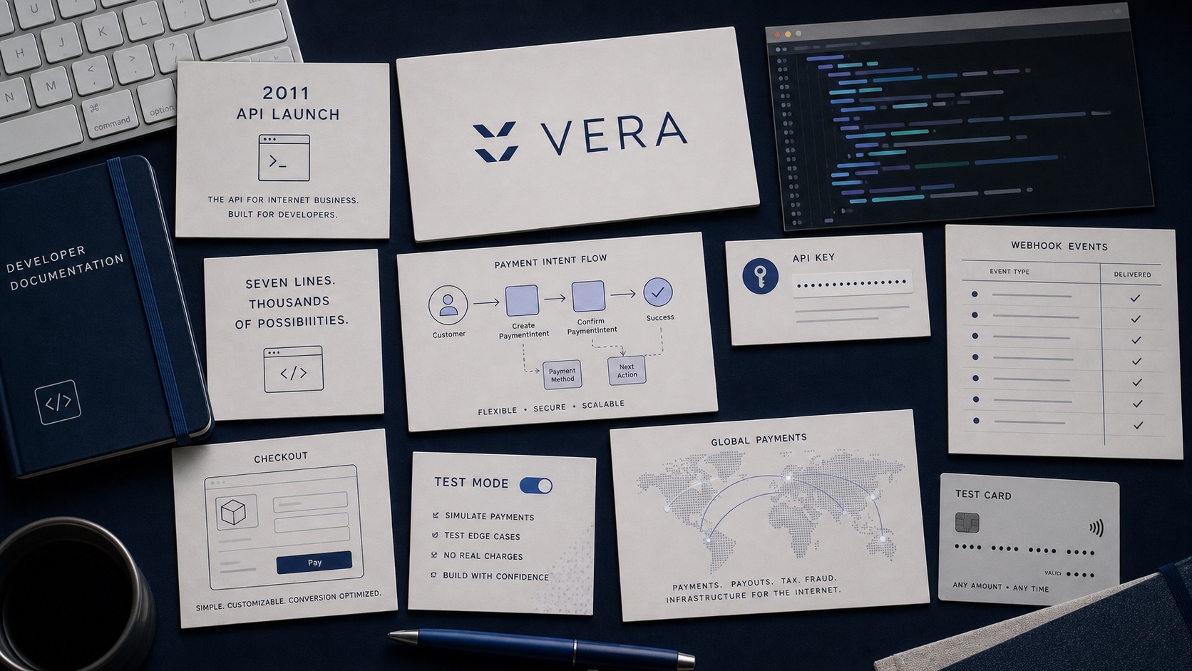 Premium editorial archive still-life of a Stripe developer payment infrastructure case with wordmark card, API launch card, abstract terminal printout, payment flow diagram, API key card, webhook ledger, checkout wireframe, test card sample, docs binder, and global routing map