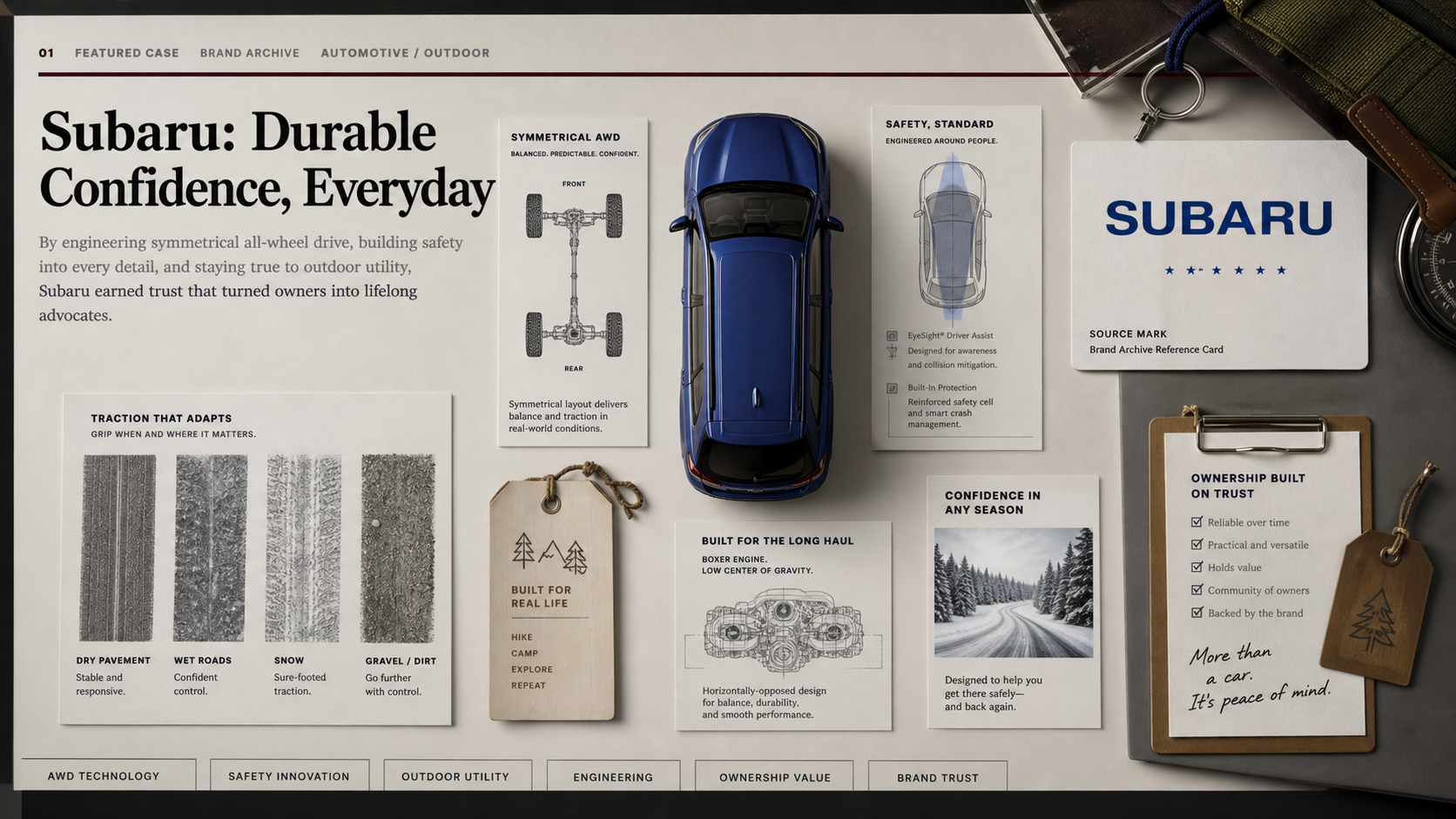 Premium editorial archive still-life of a Subaru all-wheel-drive safety case with source-mark card, blue vehicle model, drivetrain diagram, tire-track swatches, road map, safety sensor card, boxer engine sketch, and outdoor gear tags