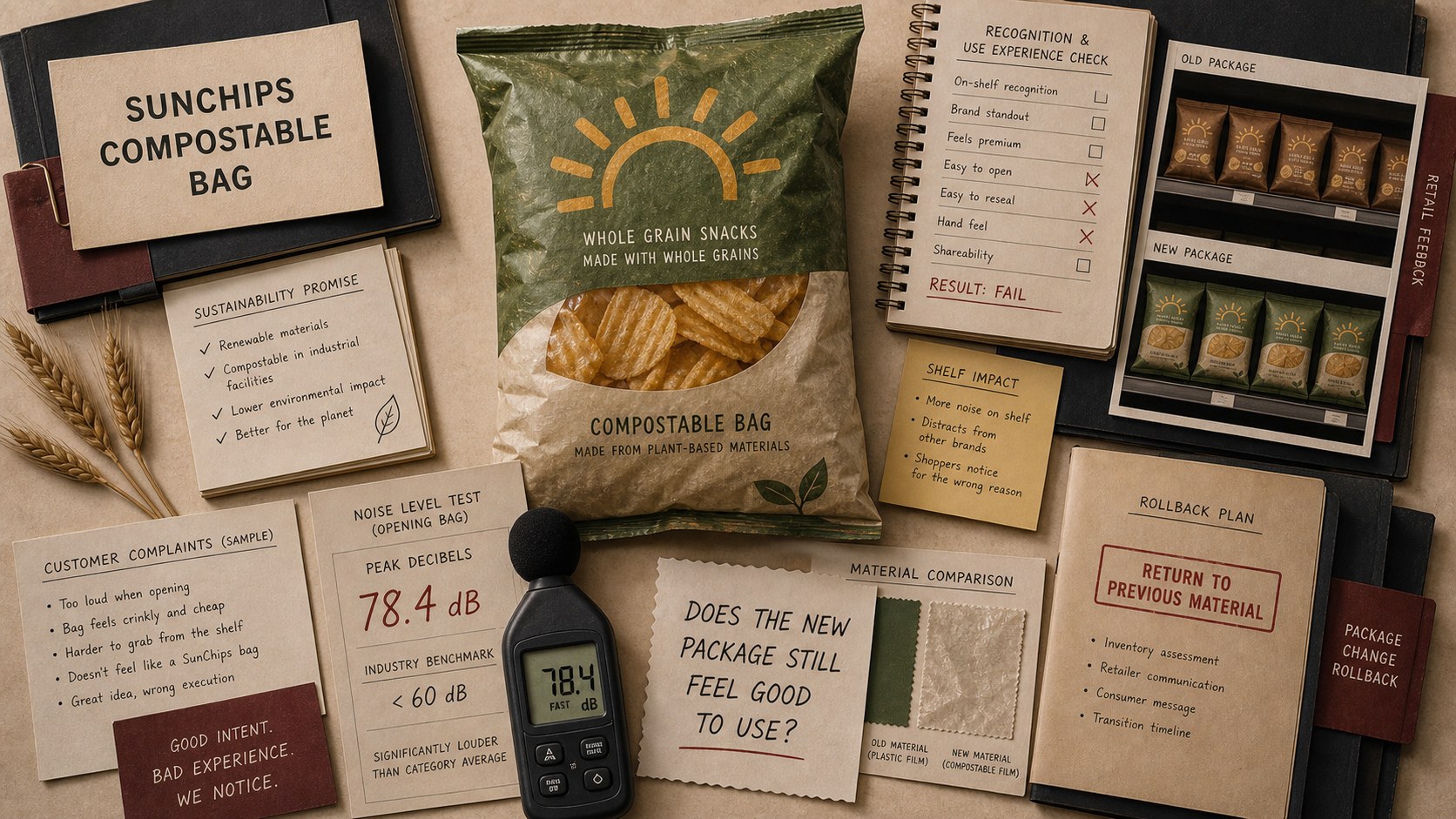 Premium editorial archive still-life of a SunChips compostable bag packaging case with source-mark card, chip bag silhouette, grain and sun cues, compostable material swatches, decibel meter card, customer complaint notes, sustainability promise card, and package rollback folder