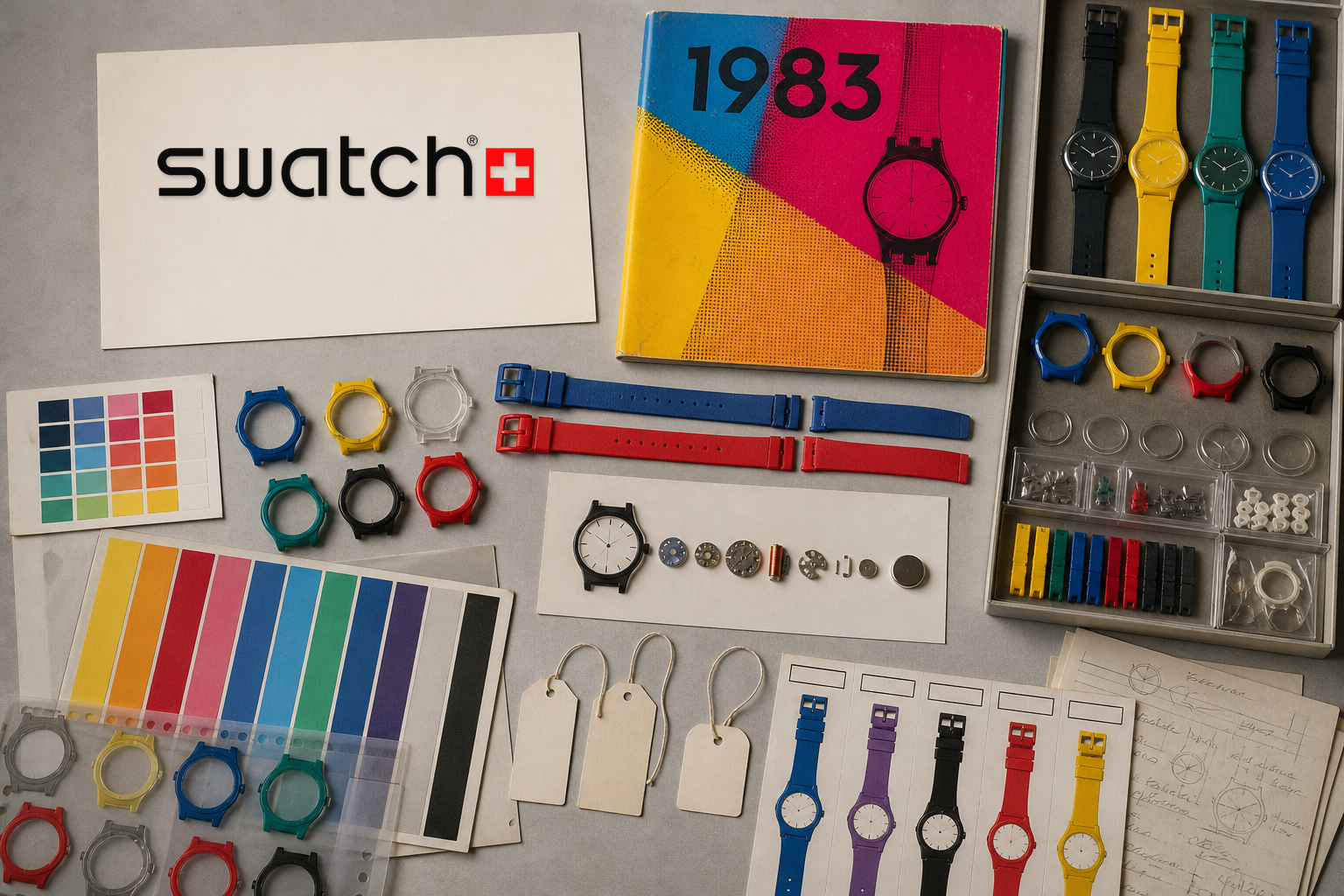 Premium editorial archive still-life of a Swatch plastic watch system case with Swatch source-mark card, 1983 launch folder, colorful generic plastic watch bodies, straps, modular parts, quartz movement card, price tag silhouettes, collection tray, pop-art color swatches, retail display cards, and Swiss watch reset notes