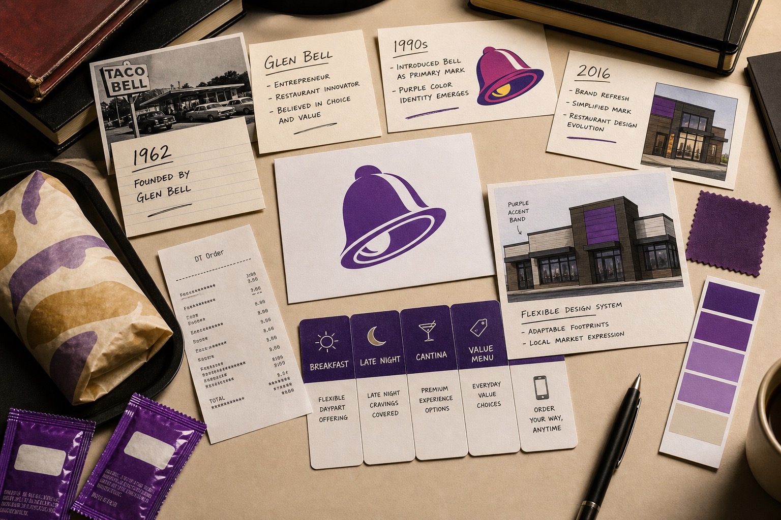 Premium editorial archive still-life of a Taco Bell purple bell fast food case with a bell source-mark card, taco wrapper, sauce packets, drive-through receipt, 1962 and 2016 cards, purple swatches, and restaurant design notes