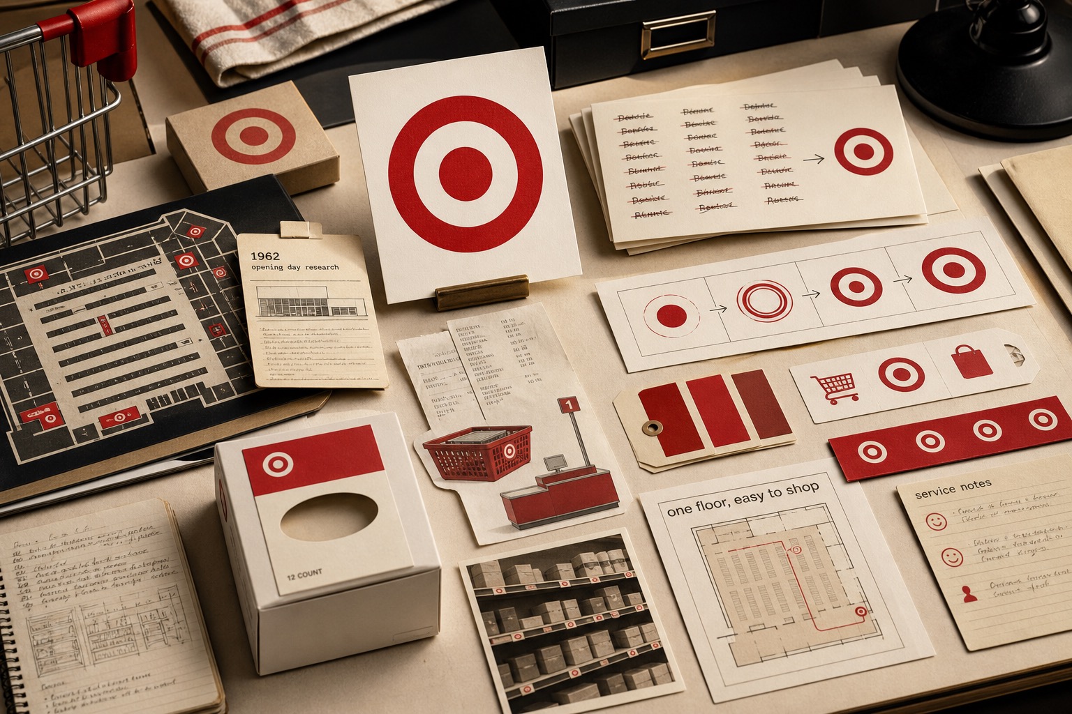 Premium editorial archive still-life of a Target bullseye retail recognition case with a bullseye card, aisle map, receipt strips, basket cue, red swatches, shelf tags, and store plan notes