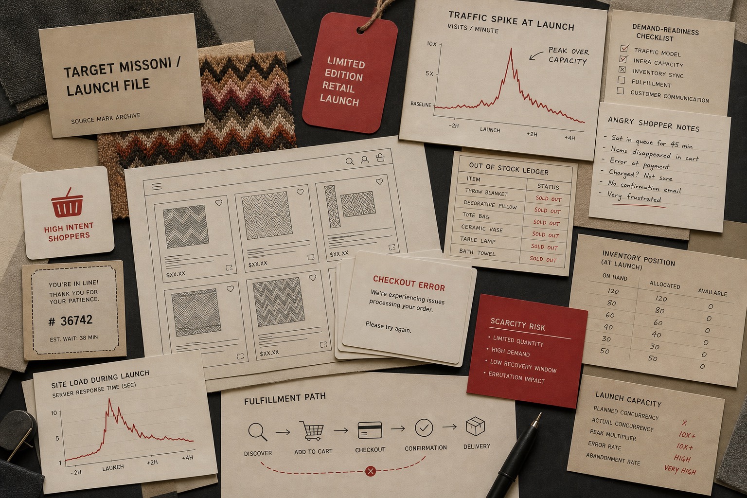 Premium editorial archive still-life of a Target Missoni website demand crash case with source-mark card, zigzag textile swatch, red retail tag, ecommerce product-grid wireframe, queue ticket, inventory sheet, traffic spike chart, checkout error cards, and fulfillment path map