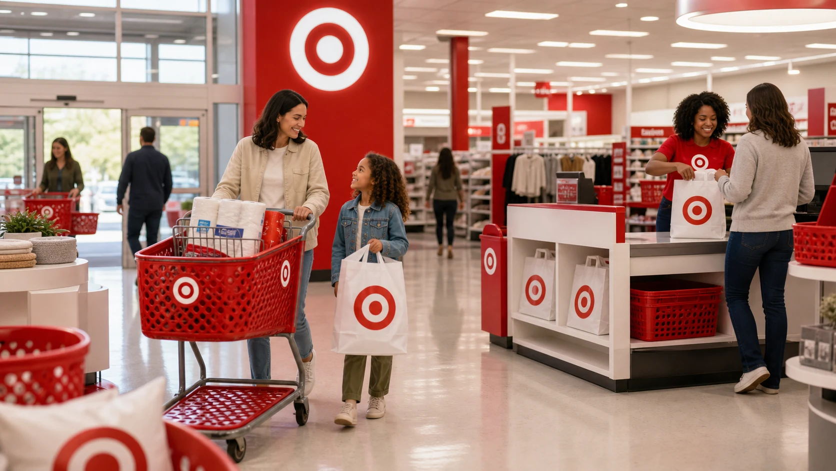 Target store service counter with red carts, bullseye signs, team member, and shopper cues.