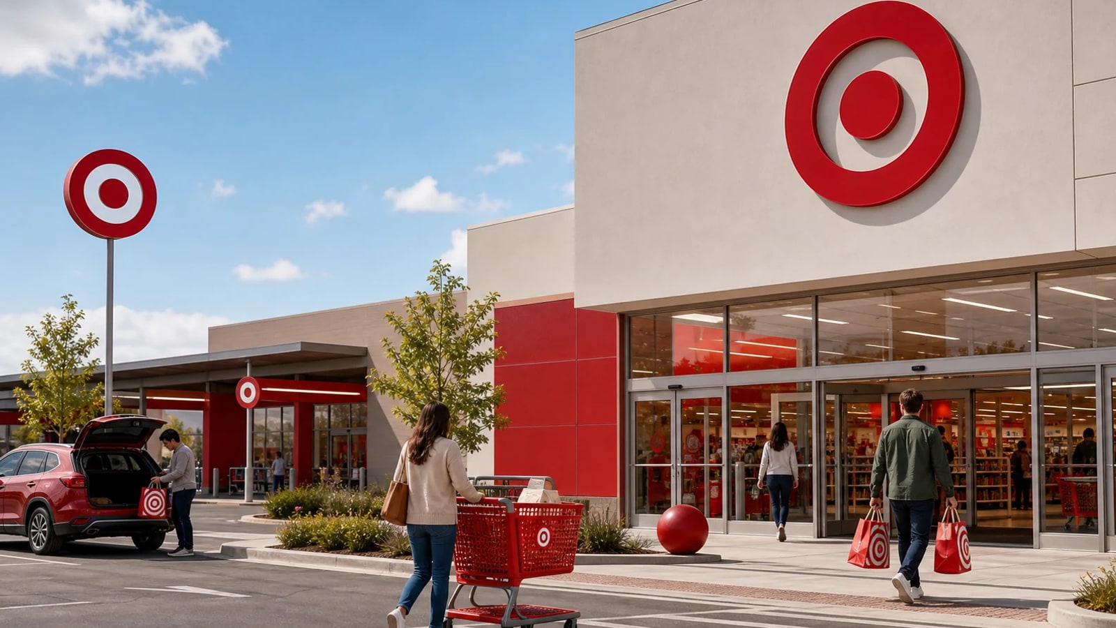 Photorealistic Target storefront with red bullseye signage, red cart, and retail entrance recognition.