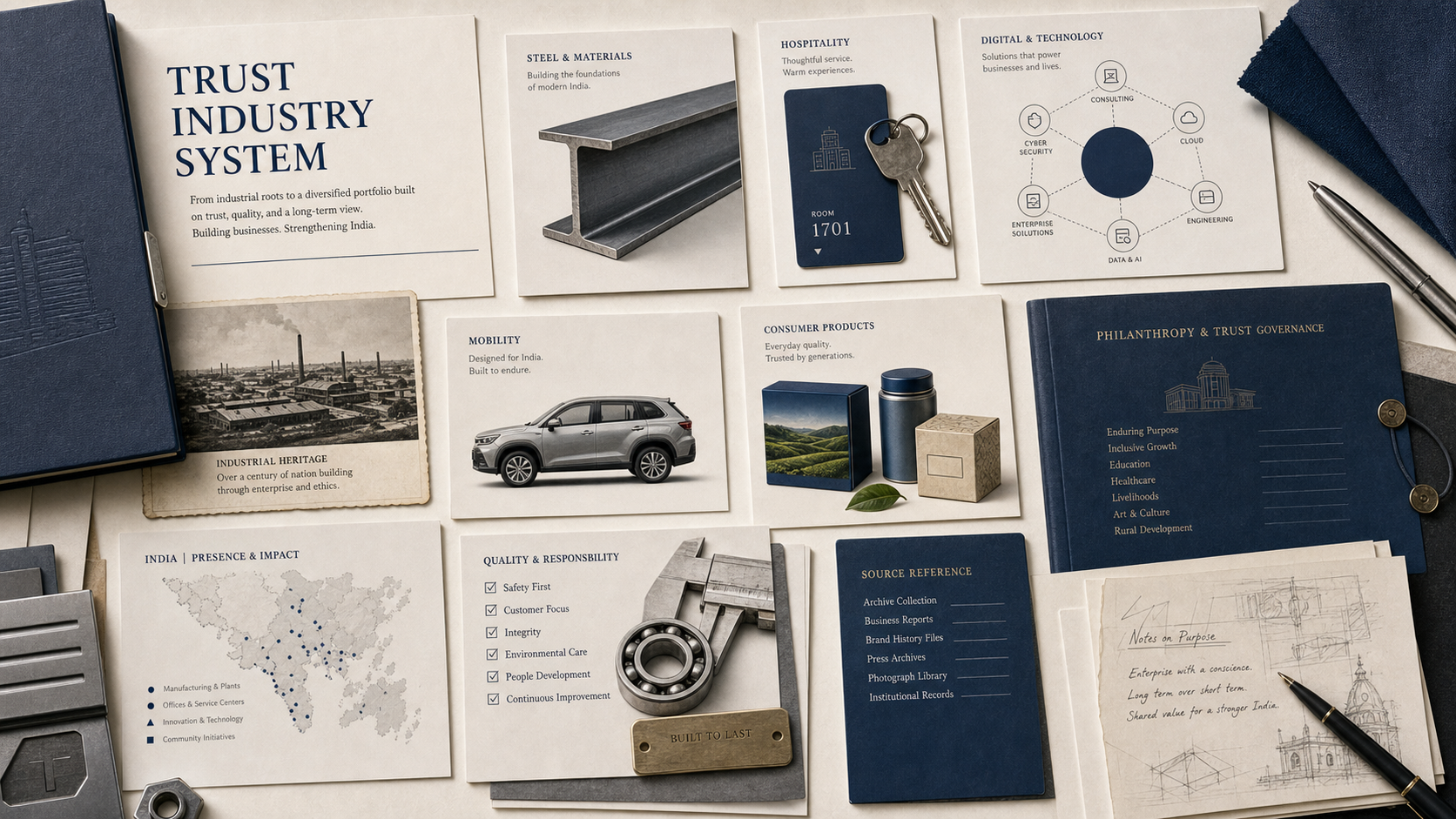 Premium editorial archive still-life of a Tata trust-industry institution case with steel beam card, hotel-service key card, software services diagram, automobile silhouette, consumer goods card, philanthropy governance folder, India industrial map, and quality checklist