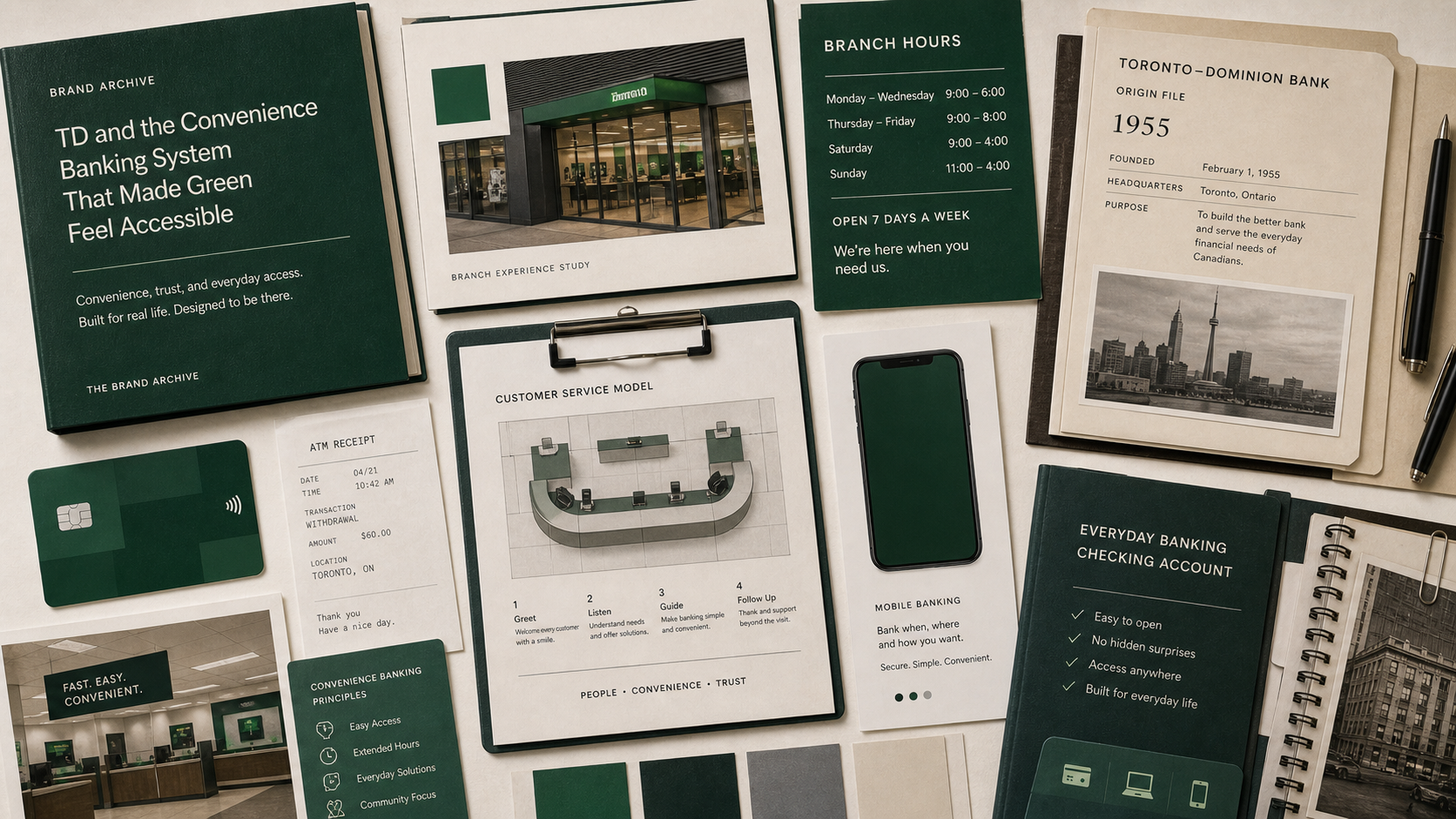 Premium editorial archive still-life of a TD convenience banking case with source-mark card, green bank card, branch hours sign, Toronto-Dominion 1955 origin file, ATM receipt dummy, customer-service counter diagram, blank mobile banking card, and checking folder