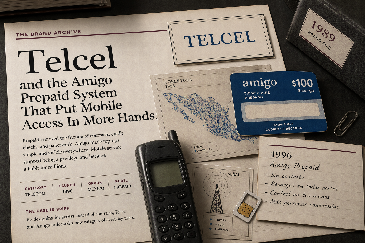 Premium editorial archive still-life of a Telcel Amigo prepaid mobile access case with source-mark card, prepaid top-up card, early mobile handset, Mexico coverage map, SIM card tray, antenna diagram, 1989 file, and 1996 Amigo note