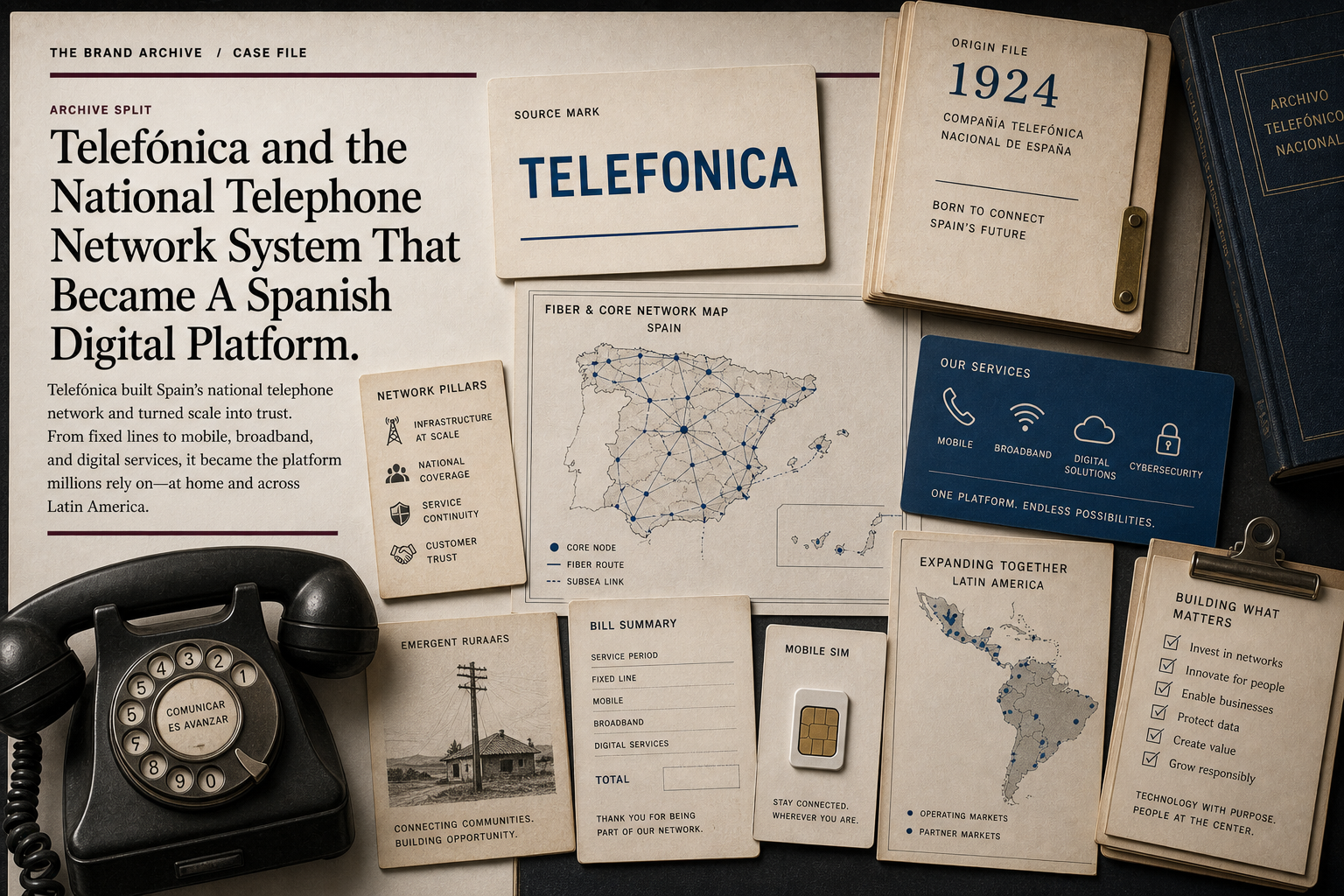 Premium editorial archive still-life of a Telefónica national telephone network case with source-mark card, vintage telephone handset, fiber network map, SIM tray, blue service card, blank bill, 1924 origin file, and Latin America expansion map