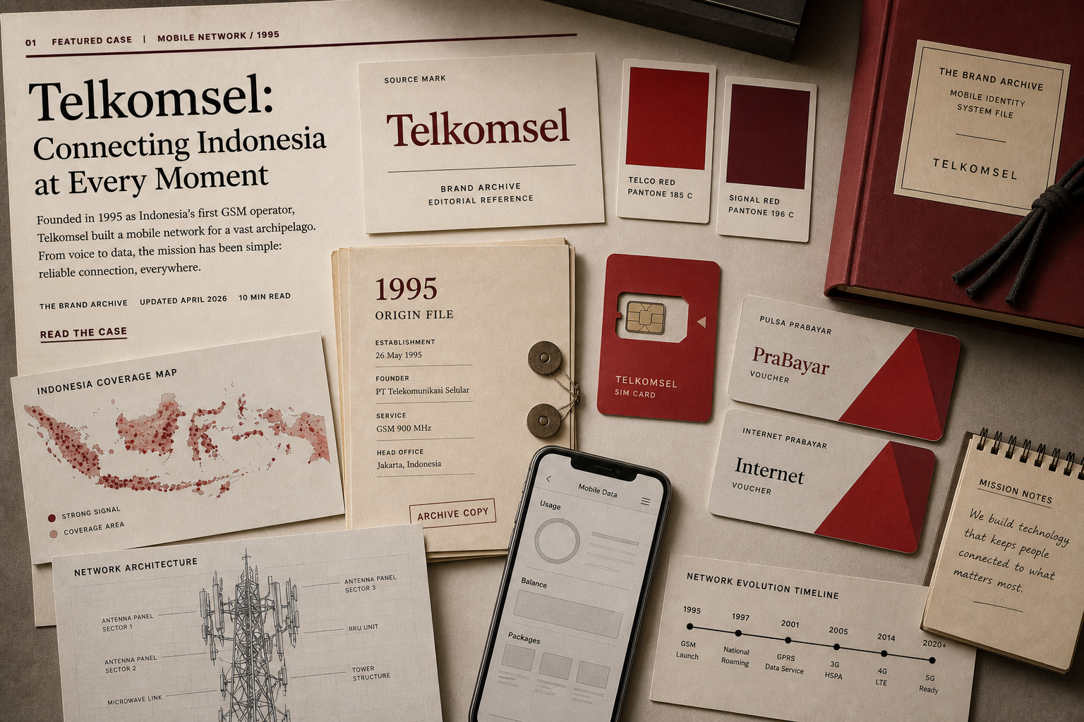 Premium editorial archive still-life of a Telkomsel red mobile network case with source-mark card, red signal swatches, Indonesia coverage map, SIM tray, prepaid vouchers, network tower blueprint, mobile data wireframe, and 1995 origin file