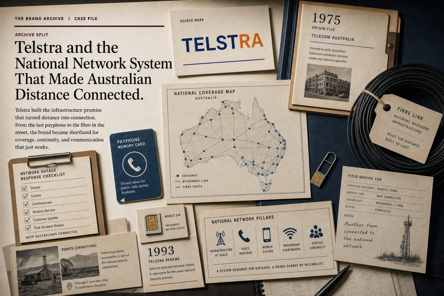 Premium editorial archive still-life of a Telstra national network distance case with source-mark card, Australia coverage map, fiber cable coil, SIM card tray, payphone memory card, outage response checklist, remote connection note, 1975 file, and 1993 rename note