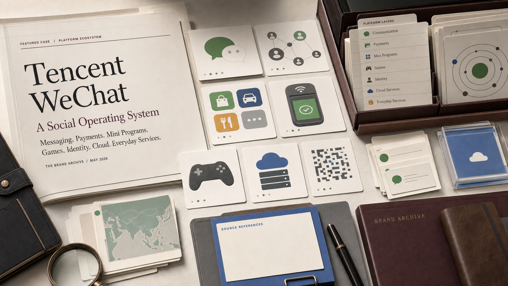 Premium editorial archive still-life of a Tencent WeChat social operating system case with chat cards, payment card, mini program tiles, game controller, cloud cards, identity graph, and source-reference folders