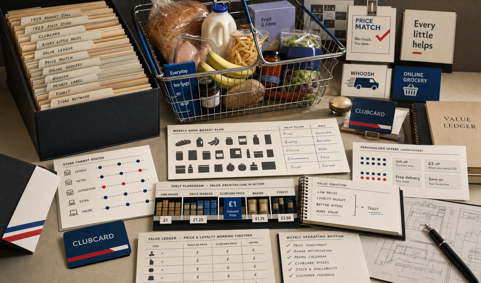Premium editorial archive still-life of a Tesco grocery value system with weekly shop basket, Clubcard cards, shelf price tags, value ledger, store format routes, online grocery card, Whoosh delivery card, private label folders, and anonymized offer notes