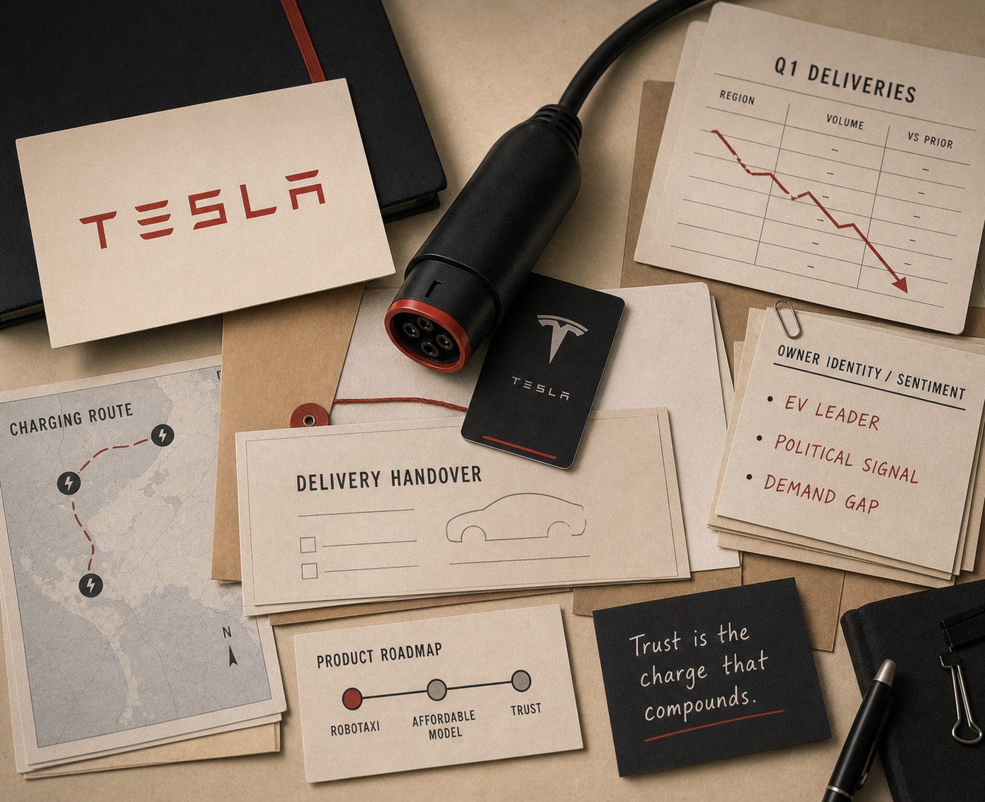 Premium editorial archive still-life of a Tesla EV brand pressure case with Tesla source-mark card, central charging plug, key card, Q1 delivery ledger, charging route map, owner sentiment notes, and product roadmap cards for robotaxi, affordable model, and trust