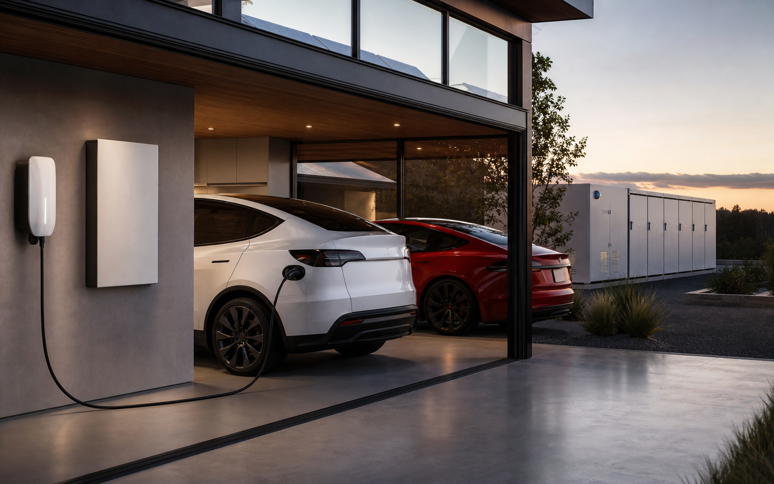 Tesla system scene with electric vehicles, wall charging, home battery, solar roof line, and utility-scale storage.