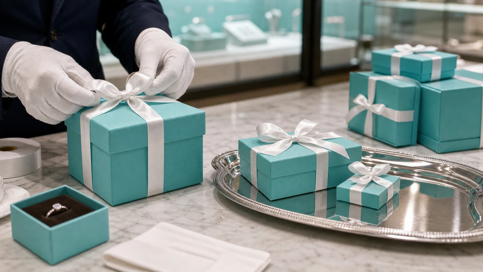Tiffany Blue gift box being handled with white ribbon and jewelry display context.