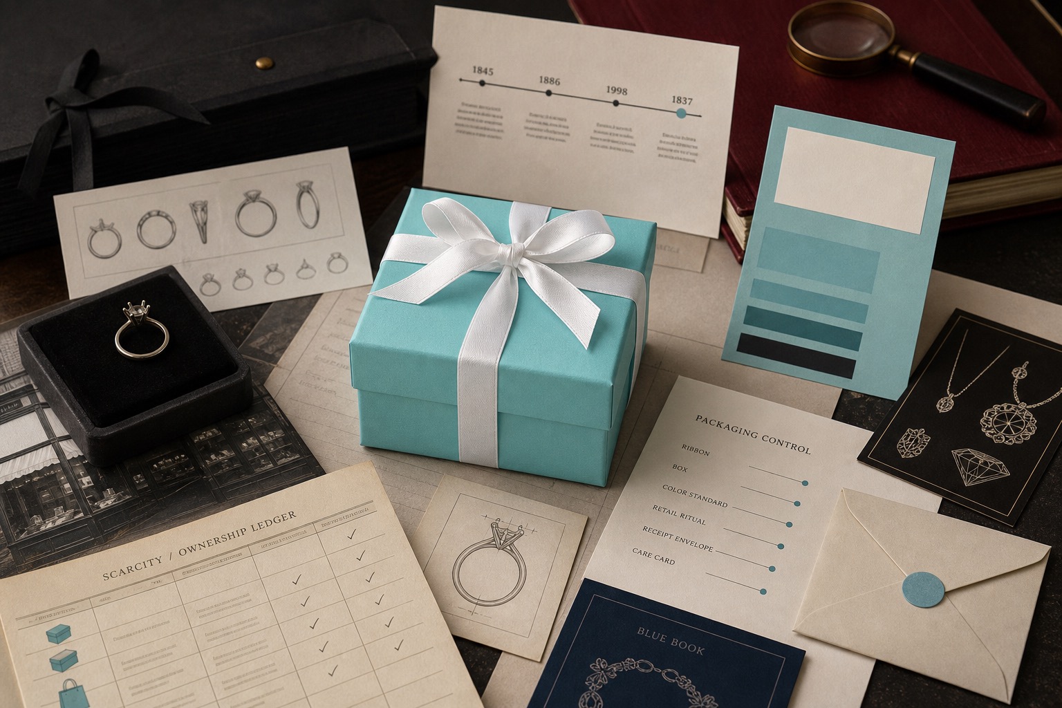 Premium editorial archive still-life of a Tiffany blue box ownership ritual case with a blank blue box, white ribbon, blue color-card, jewelry sketch cards, Blue Book cue, packaging-control notes, and ownership ledger