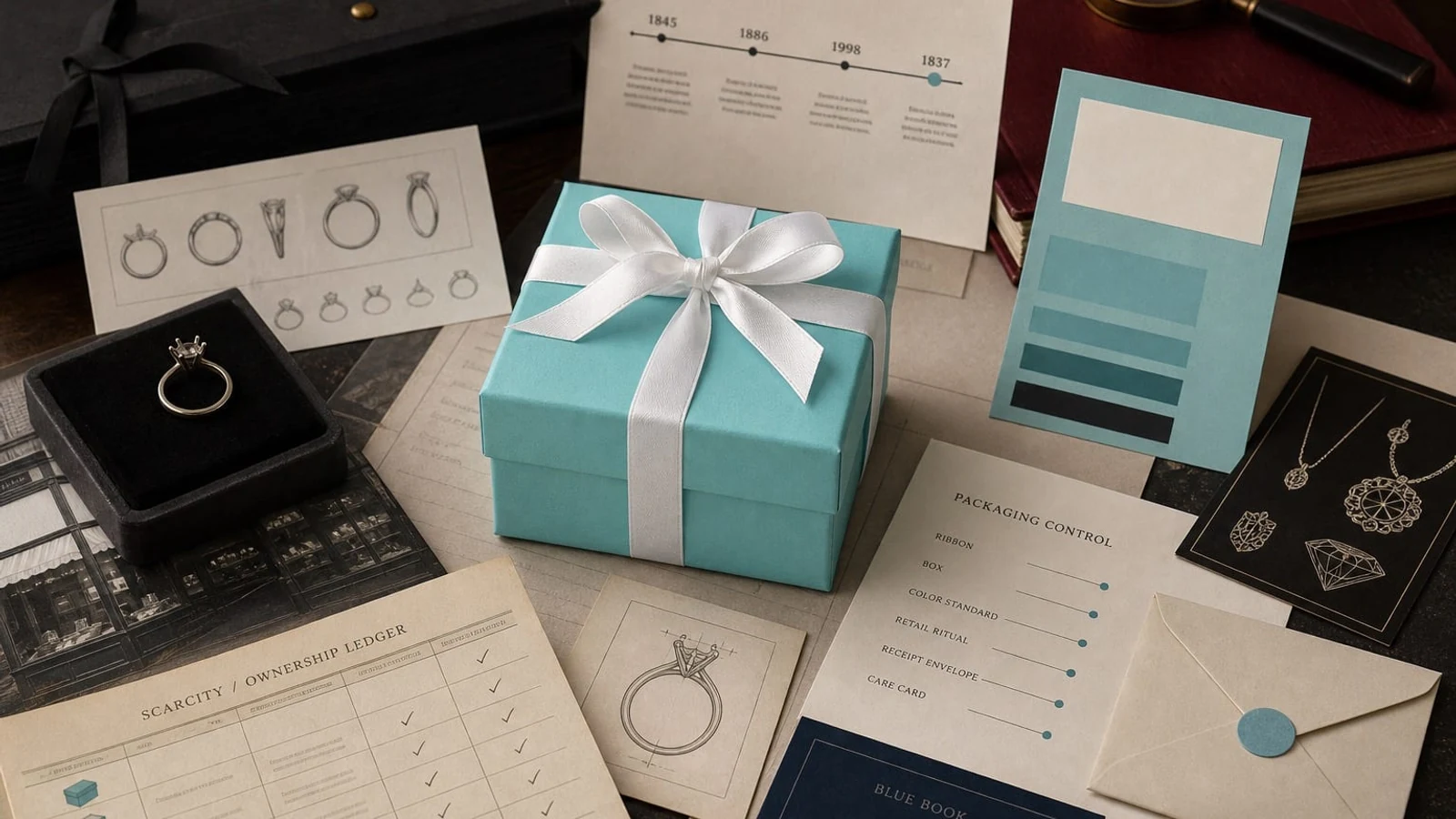 Retail packaging surface showing how color, box, and ritual create brand identity memory.