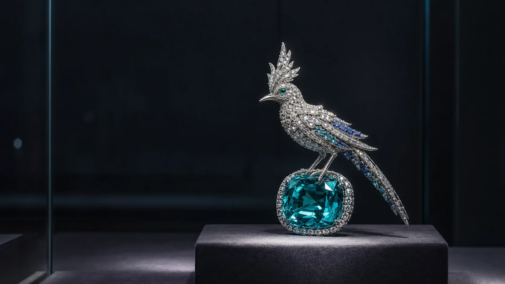 Diamond bird brooch perched on a vivid blue-green gemstone in a dark museum-style vitrine.