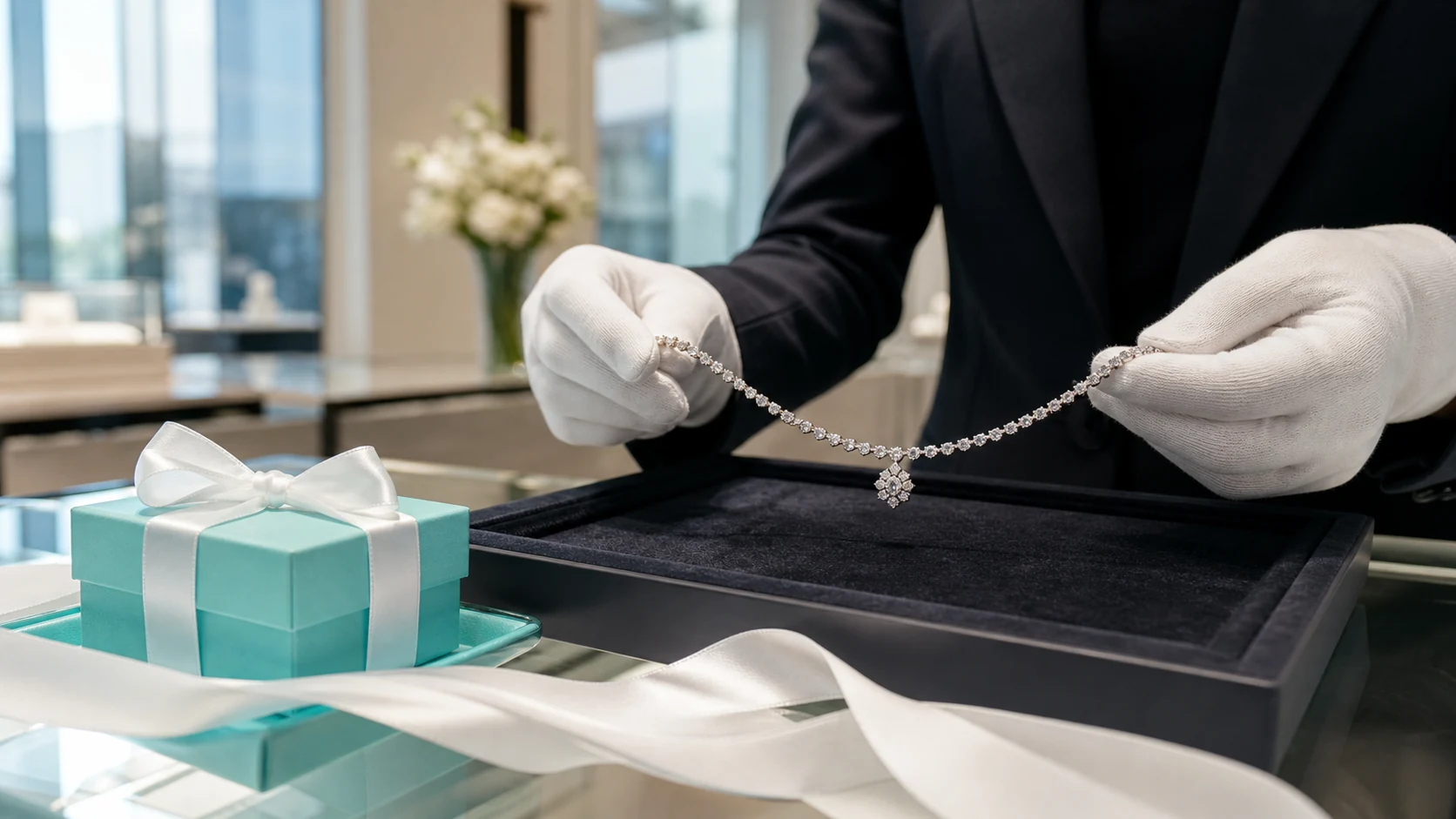 Luxury jeweler presenting a diamond necklace beside a robin-egg-blue gift box and white ribbon.