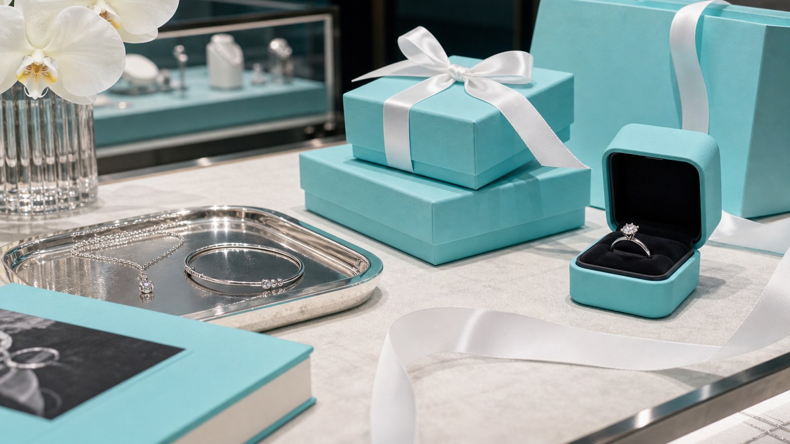 Photorealistic Tiffany Blue boxes, white ribbon, jewelry, and retail display proof.