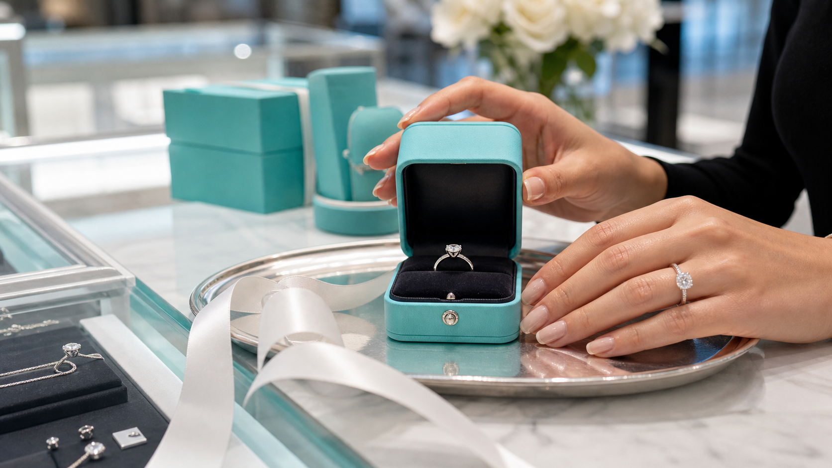 Tiffany ring box and jewelry display with blue packaging cues.