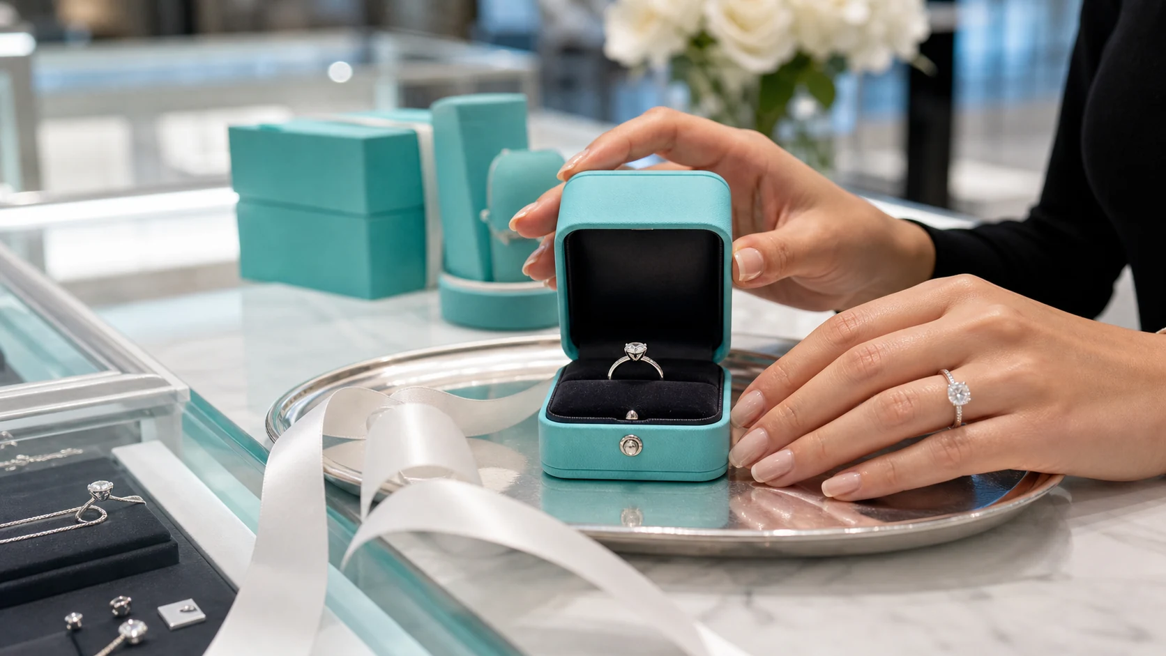 Tiffany ring box and jewelry display with blue packaging cues.