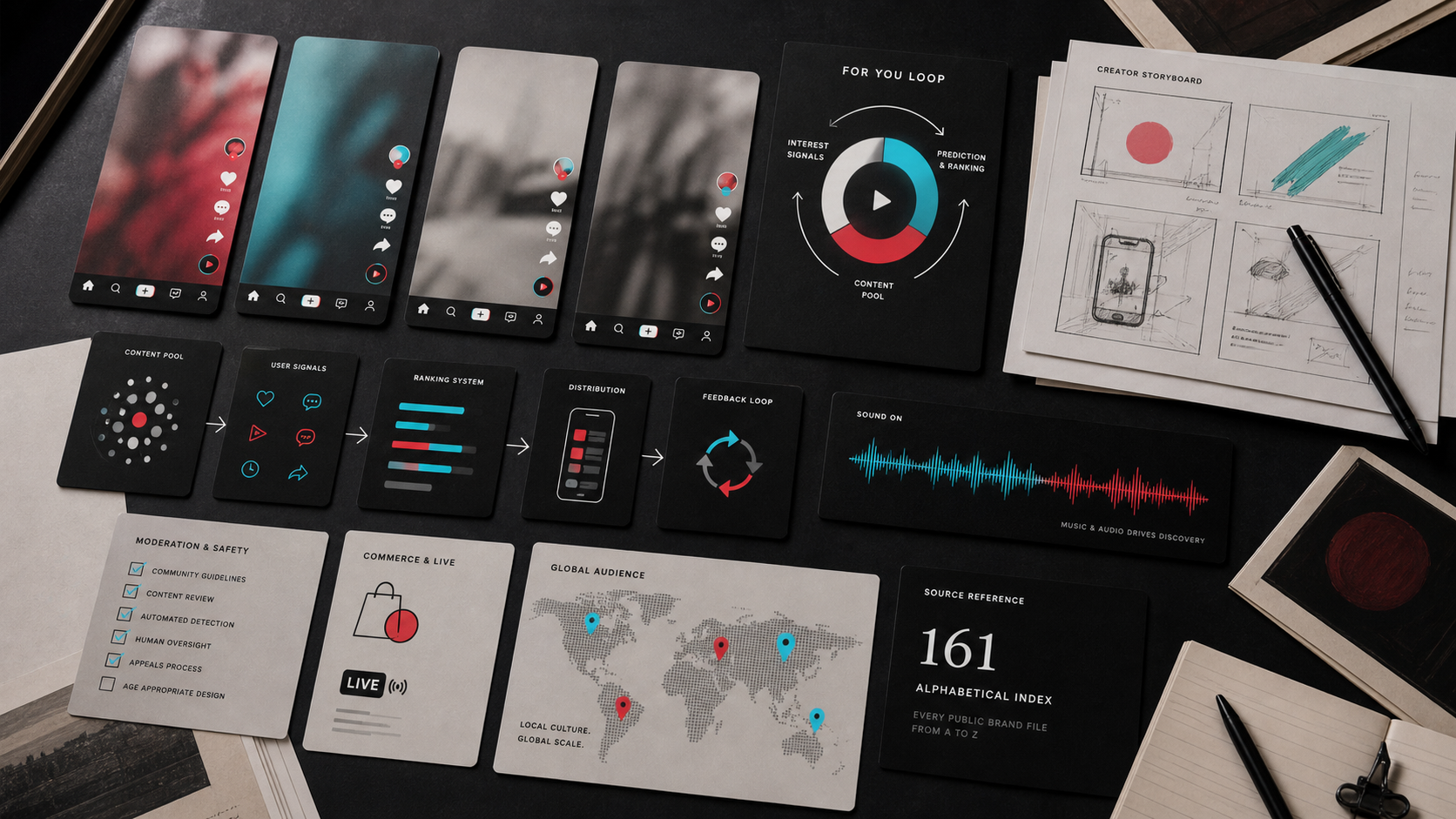 Premium editorial archive still-life of a TikTok short-video system case with vertical video cards, recommendation-flow diagram, creator storyboard, music waveform strip, safety checklist, commerce-live card, and global audience map