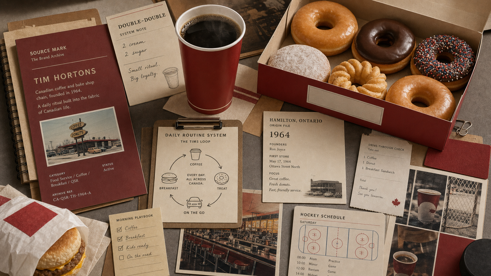 Premium editorial archive still-life of a Tim Hortons coffee routine case with red coffee cup, donut box, Hamilton 1964 origin file, hockey schedule card, drive-through receipt dummy, and double-double note