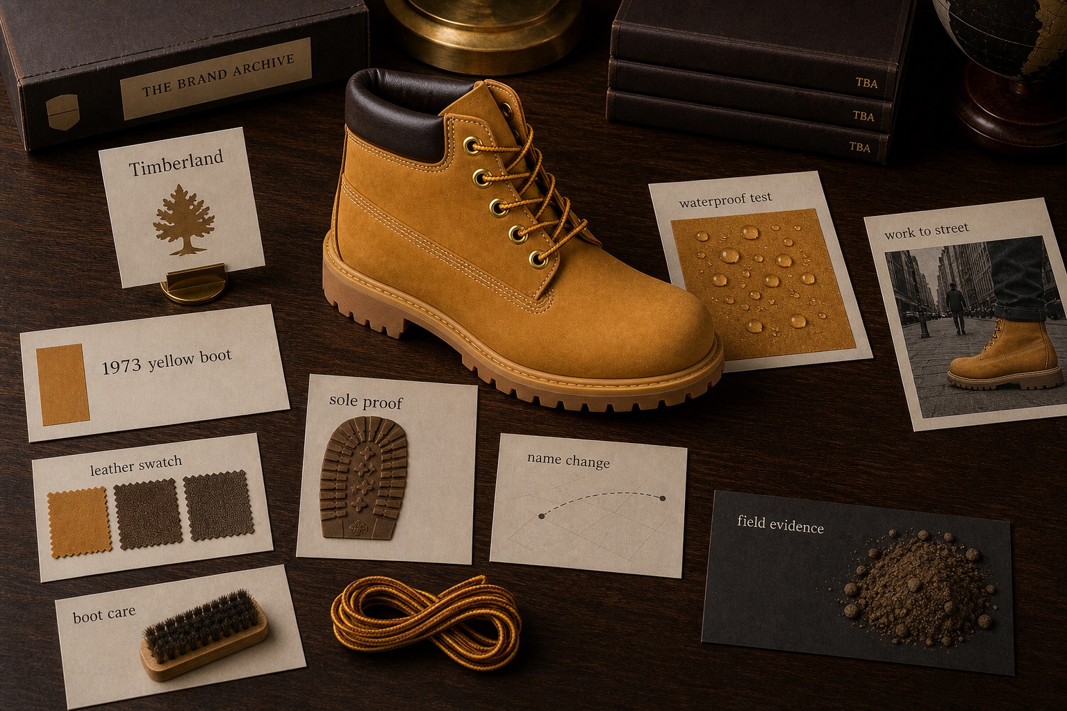 Premium editorial archive still-life of a Timberland yellow boot product proof case with a Timberland source-mark card, wheat waterproof boot, leather swatches, sole proof, waterproof test, name-change note, boot care brush, and field-evidence card