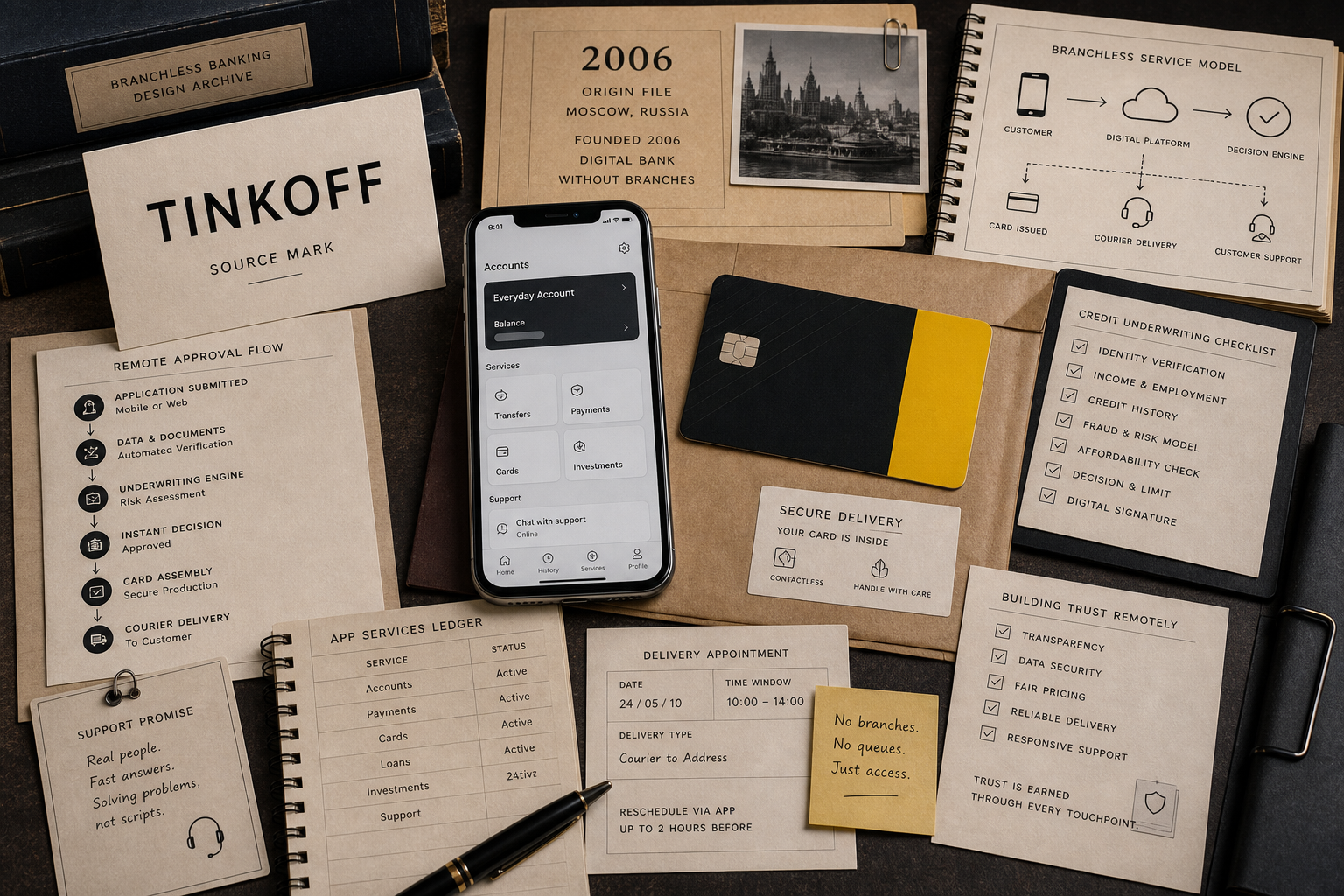 Premium editorial archive still-life of a Tinkoff branchless banking case with source-mark card, blank black-and-yellow bank card, blank mobile banking screen, courier envelope, 2006 origin file, remote approval flow, underwriting checklist, and delivery appointment card