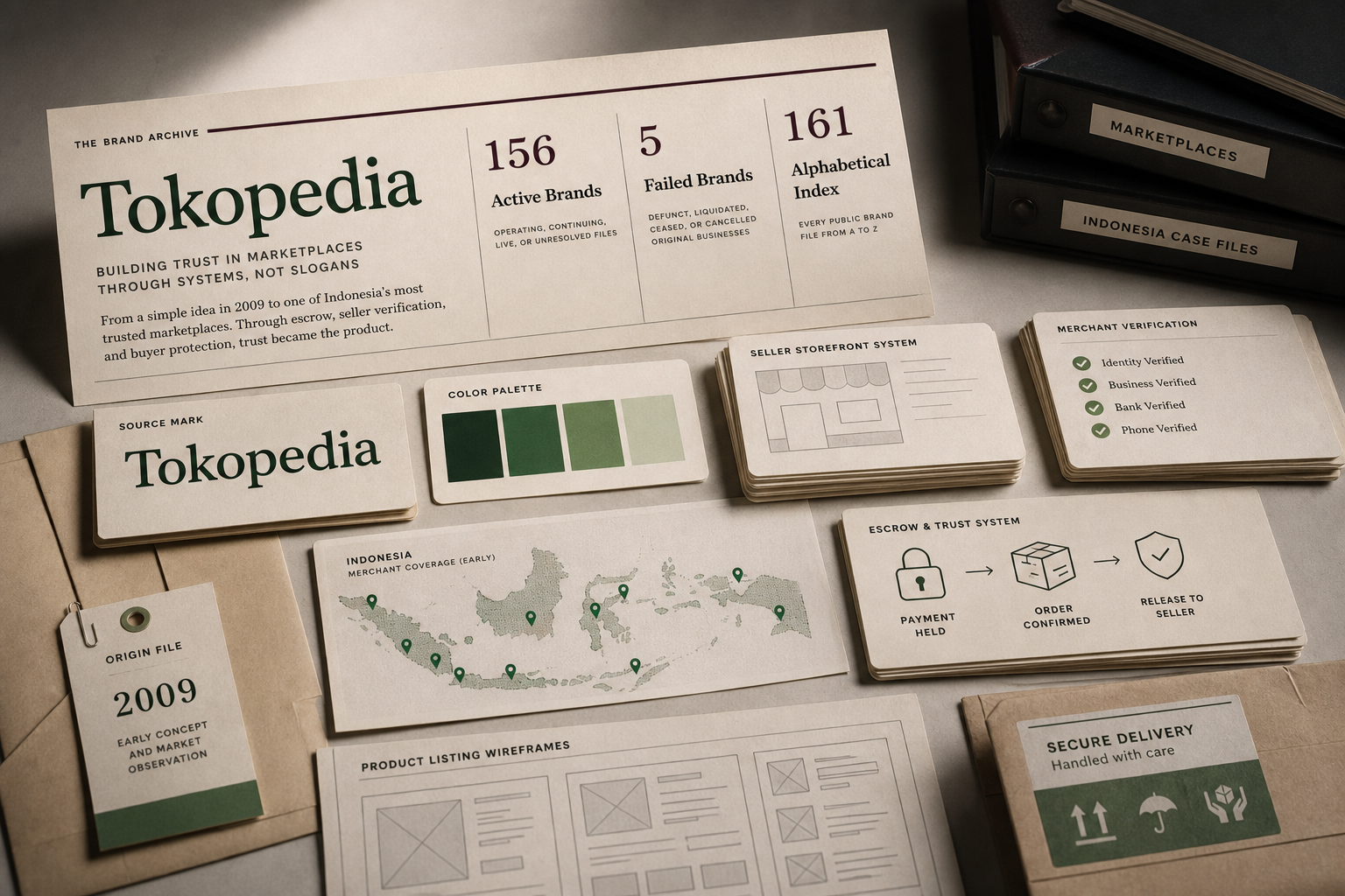 Premium editorial archive still-life of a Tokopedia green marketplace trust case with source-mark card, green marketplace color cards, seller storefront index cards, Indonesia merchant map, product listing wireframes, parcel labels, escrow trust note, and 2009 origin file