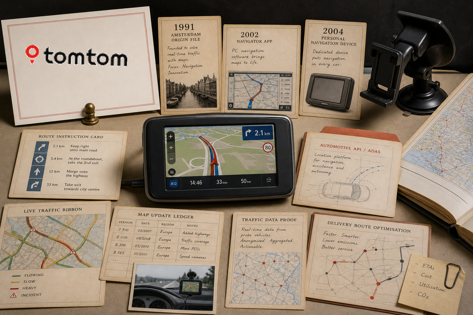 Premium editorial archive still-life of a TomTom navigation map data case with TomTom source-mark card, 1991 Amsterdam origin file, 2002 Navigator app card, 2004 personal navigation device note, portable sat-nav device, windshield mount, route instruction card, traffic map, map update ledger, and automotive ADAS card