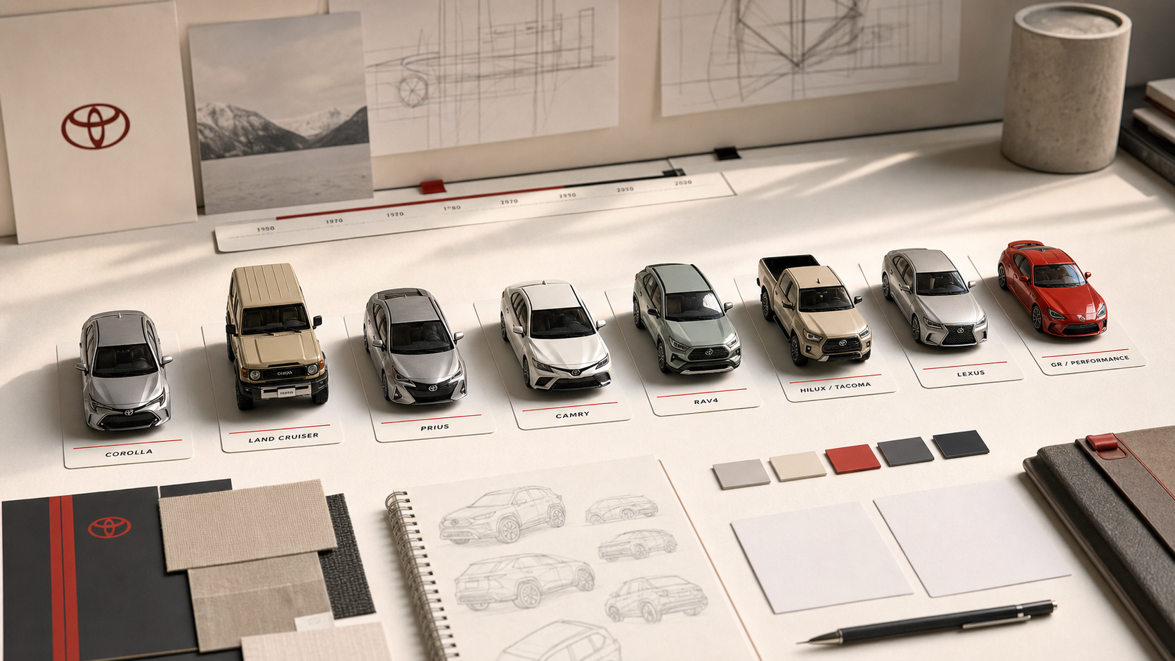 Realistic Toyota product-family evolution lineup with Corolla, Land Cruiser, Prius, Camry, RAV4, Hilux/Tacoma, Lexus, and GR performance vehicle-family cues.