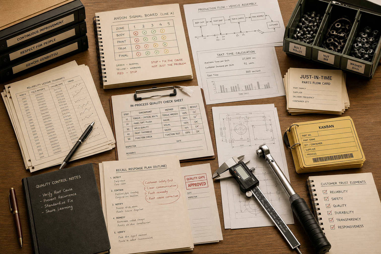 Premium editorial archive still-life of a Toyota reliability and production-system case with generic production flow diagrams, andon boards, just-in-time cards, quality check sheets, reliability ledgers, recall-response notes, supplier bins, and inspection tools