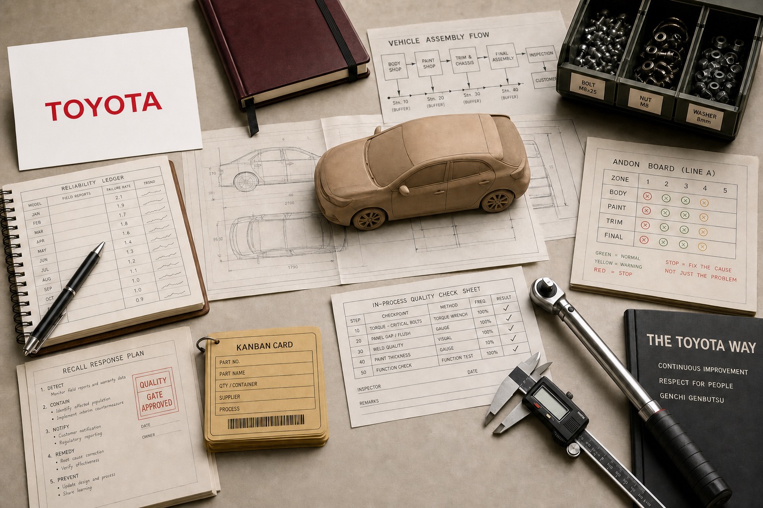 Premium editorial archive still-life of a Toyota reliability and production-system case with a Toyota source-mark card, generic car model on vehicle blueprints, assembly-flow sheets, andon board, kanban card, reliability ledger, inspection tools, and quality check materials