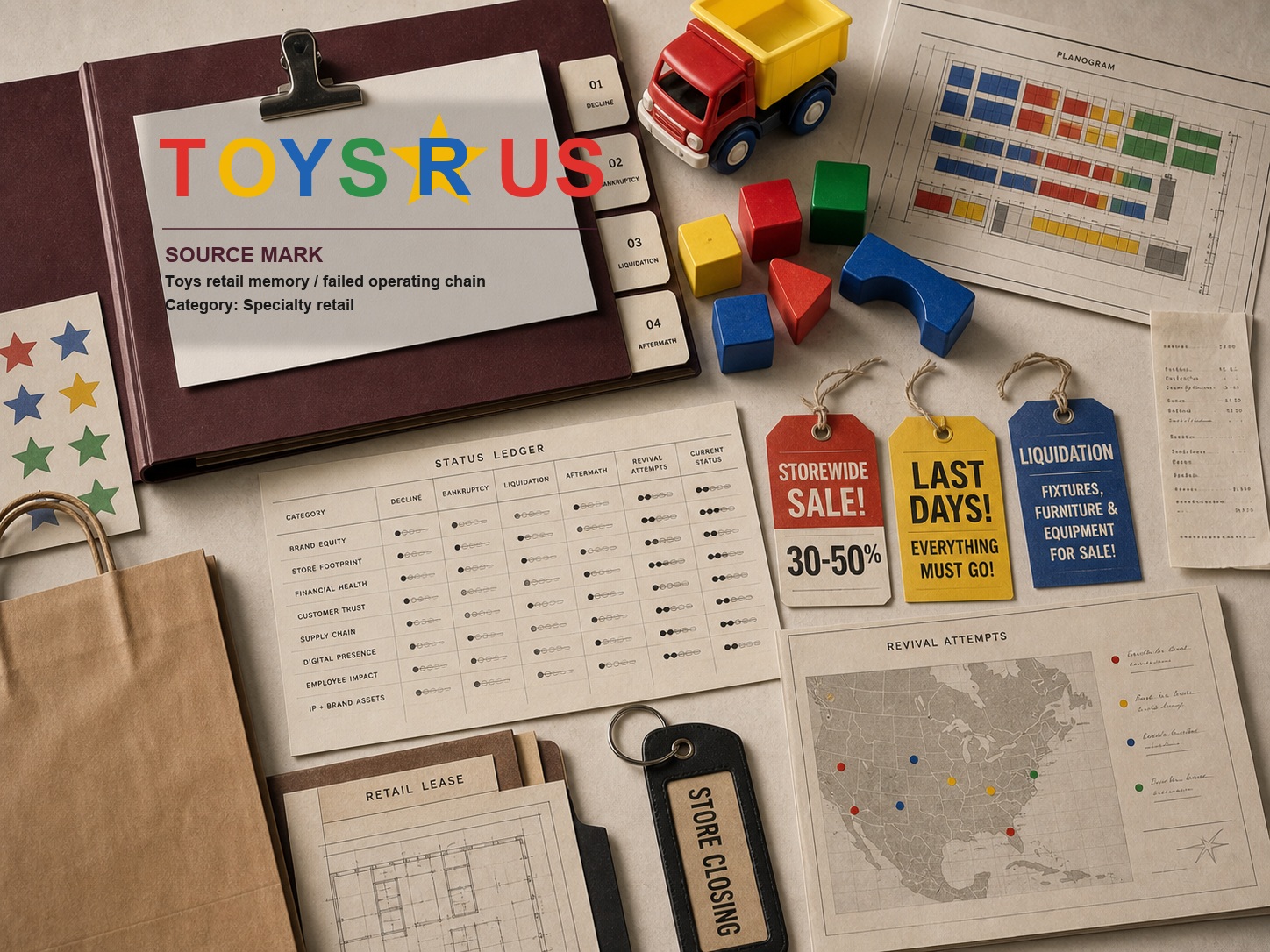 Premium editorial archive still-life of a Toys R Us failed-brand case with toy truck, colorful blocks, source-mark card, planogram, liquidation tags, store-closing key, bankruptcy tabs, status ledger, and revival map