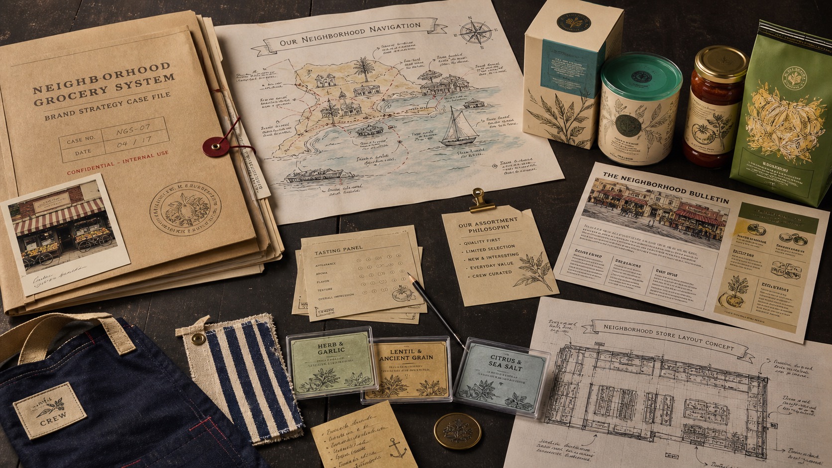Premium editorial archive still-life of a Trader Joe's private-label neighborhood grocery case with source-mark card, nautical store map, private-label package studies, tasting cards, limited-assortment shelf tags, flyer page, apron swatch, and floor-plan sketch