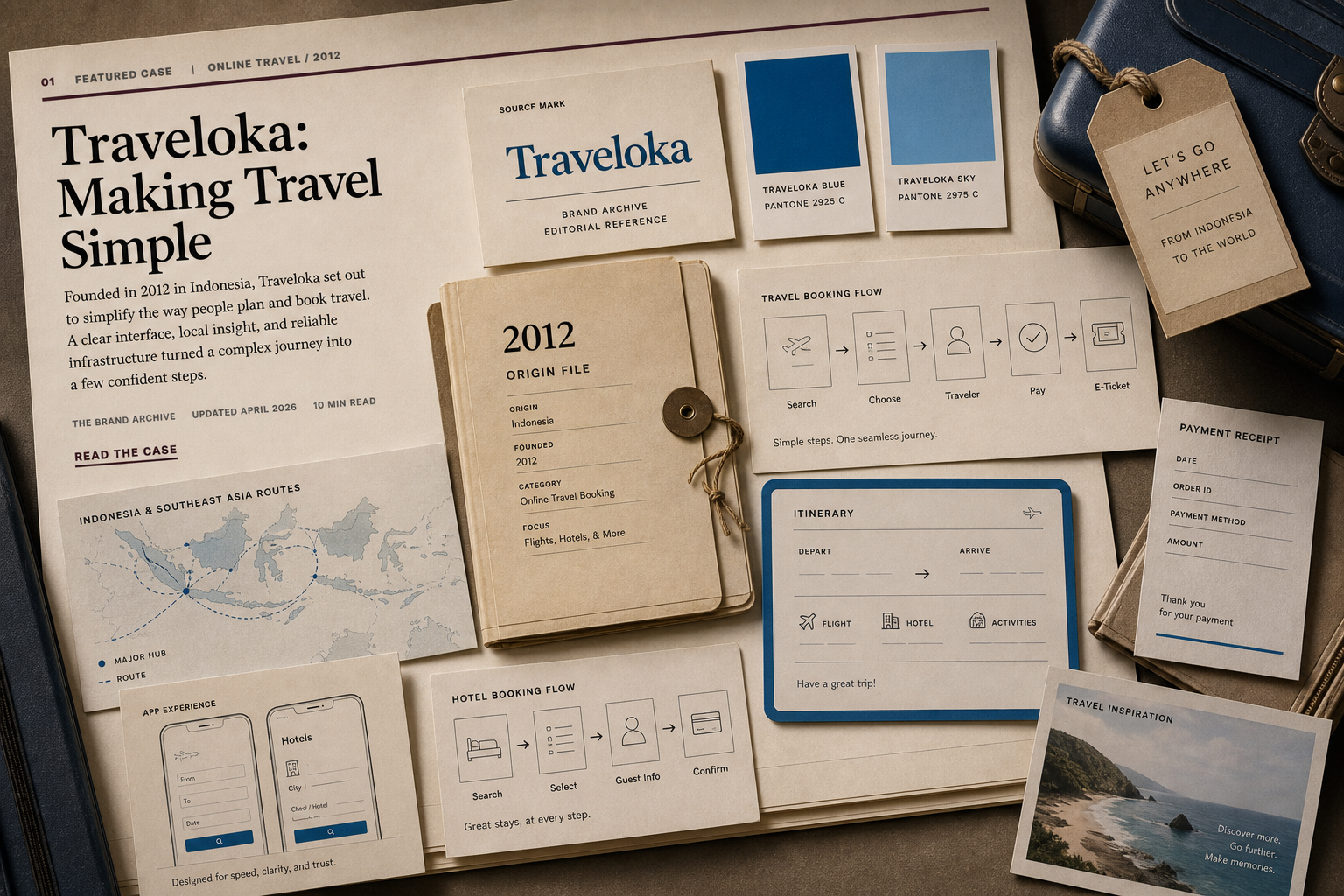 Premium editorial archive still-life of a Traveloka blue travel booking case with source-mark card, blue travel swatches, Southeast Asia route map, booking wireframes, blank itinerary card, suitcase tag, payment receipt mockup, and 2012 origin file