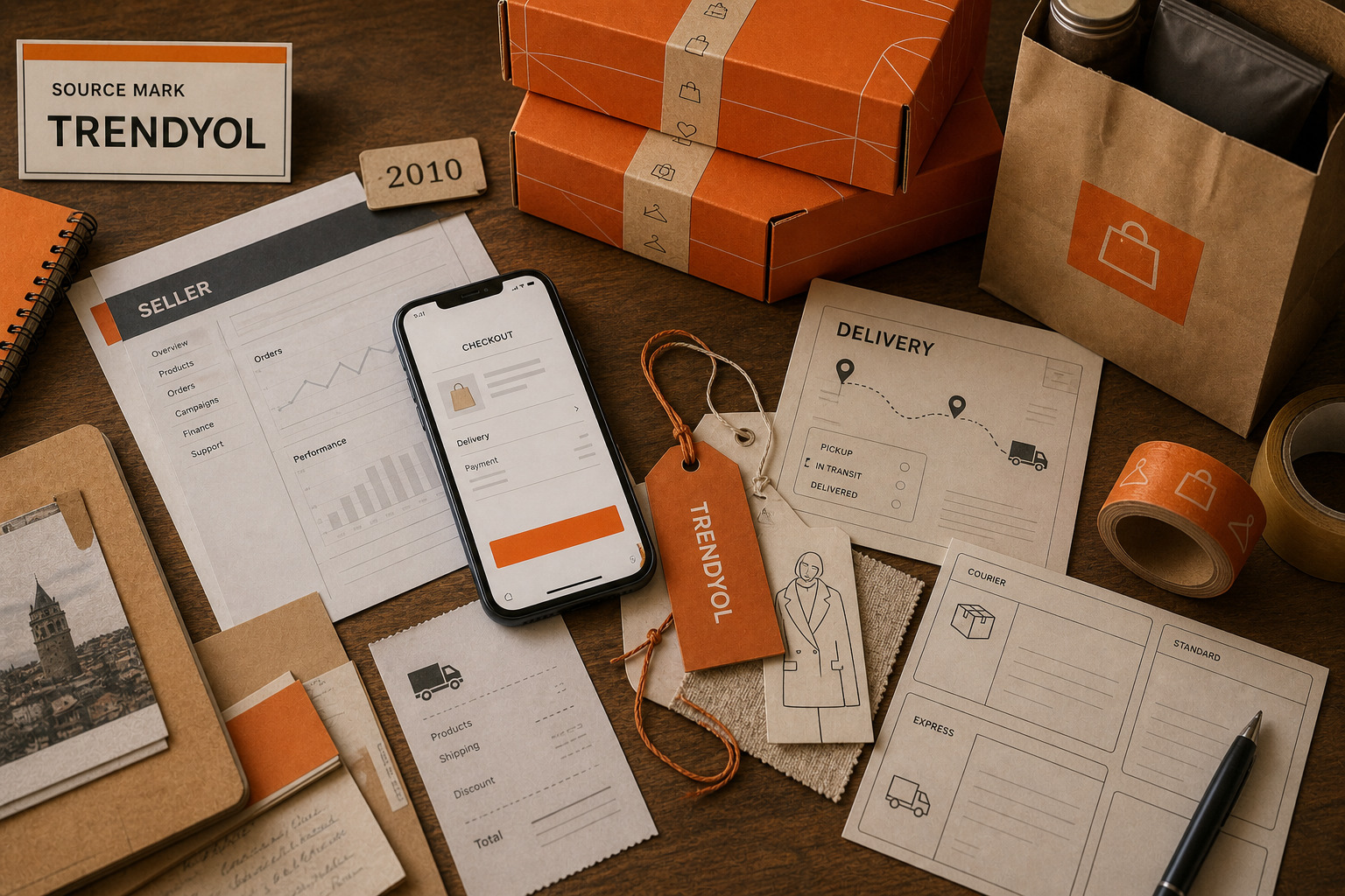 Premium editorial archive still-life of a Trendyol marketplace delivery commerce case with orange source card, parcel stack, app checkout wireframe, seller dashboard cards, delivery route map, fashion tags, grocery order note, and 2010 origin file
