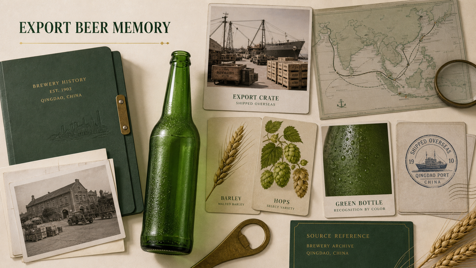 Premium editorial archive still-life of a Tsingtao export beer memory case with green bottle silhouette, brewery-history folder, export crate card, shipping route map, barley and hop sample cards, and green source-reference card