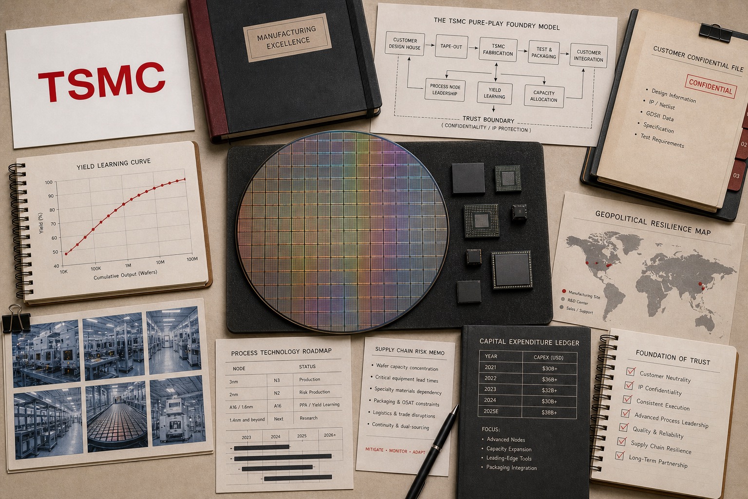 Premium editorial archive still-life of a TSMC foundry infrastructure case with a TSMC source-mark card, central silicon wafer, generic chip packages, pure-play foundry model diagram, yield learning curve, process technology roadmap, customer confidential file, supply-chain risk memo, fab contact sheet, and geopolitical resilience map