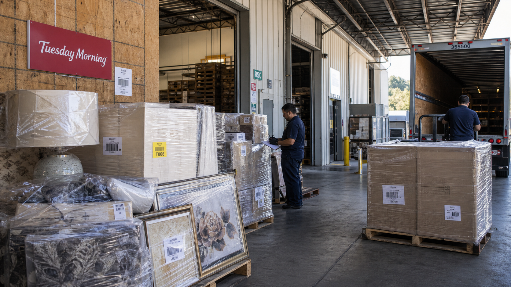 Tuesday Morning distribution dock with wrapped home decor pallets and truck loading.