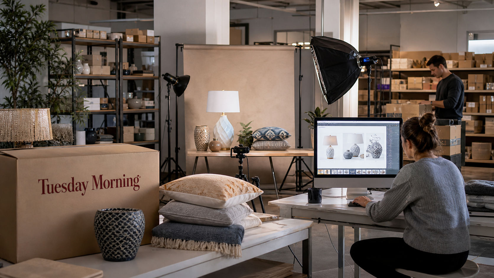 Tuesday Morning ecommerce studio preparing lamps, pillows, ceramics, and bedding for product pages.