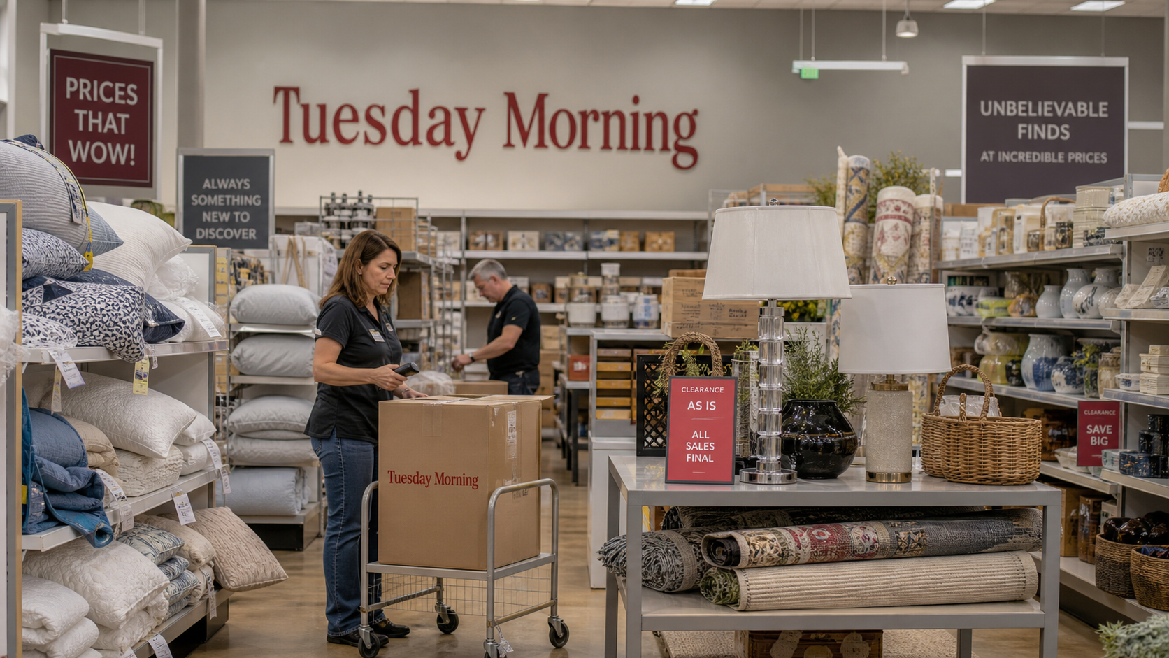 Tuesday Morning liquidation aisle with bedding, lamps, rugs, decor, and clearance signs.