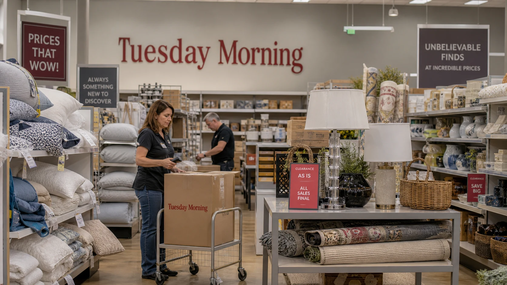 Tuesday Morning liquidation aisle with bedding, lamps, rugs, decor, and clearance signs.