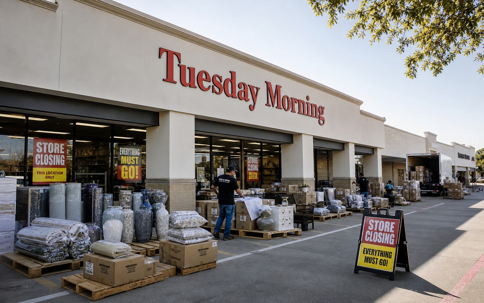 Tuesday Morning store-closing liquidation scene with red storefront sign, home decor inventory, pallets, and staff.