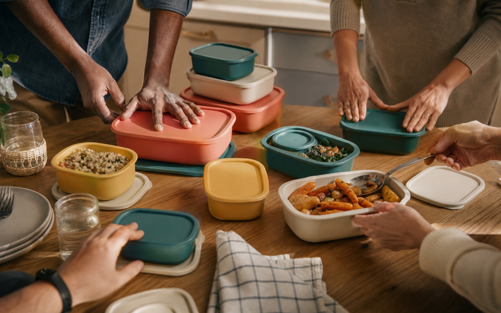 A logo-free overhead scene of reusable food-storage containers arranged for a home demonstration.
