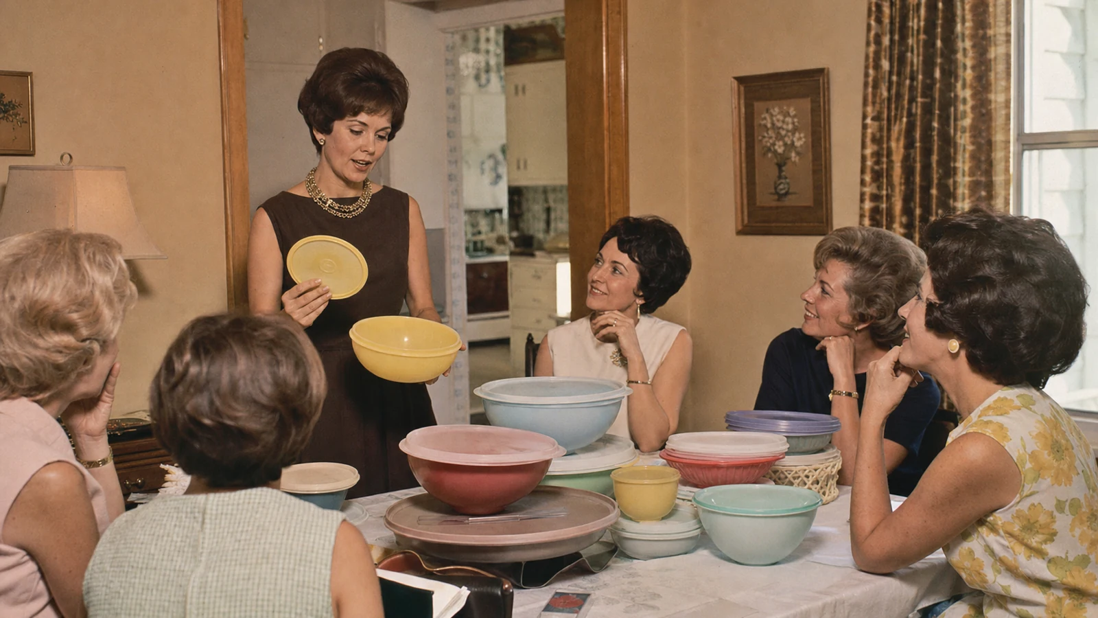 A logo-free mid-century home demonstration with reusable food containers.