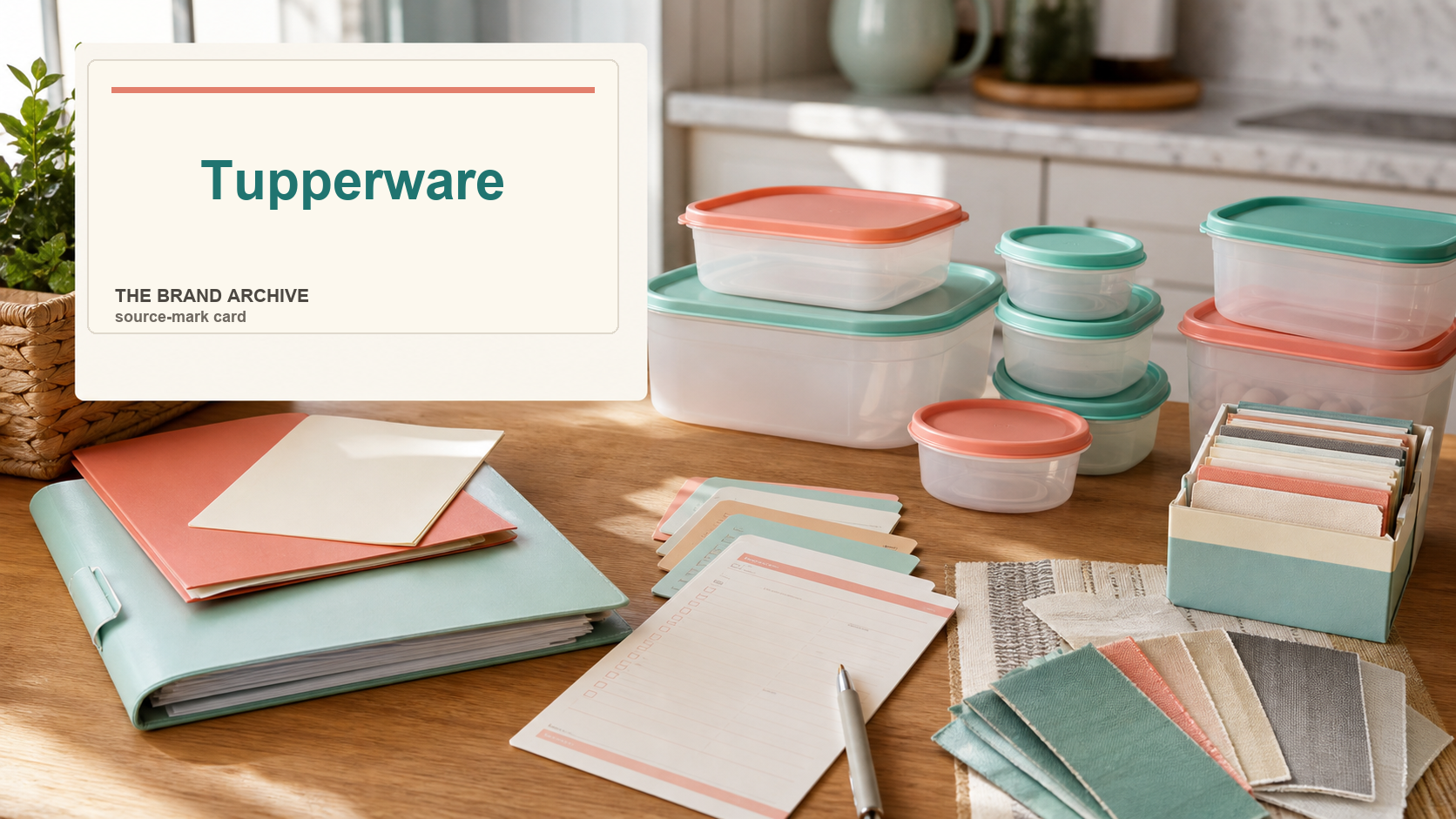 Premium editorial archive still-life of a Tupperware party storage case with Tupperware source-mark card, plastic food-storage containers, host cards, demonstration checklist, kitchen table swatches, household inventory cards, restructuring folder, Orlando and Florida folder, and pastel color swatches